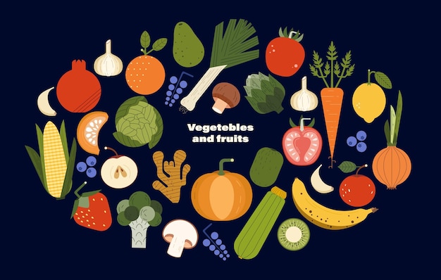 Vector set of vegetables element fruits organic food flat illustration mage concept of healthy eating