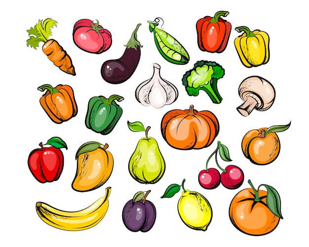 Set of vegetables fruits freehand drawing