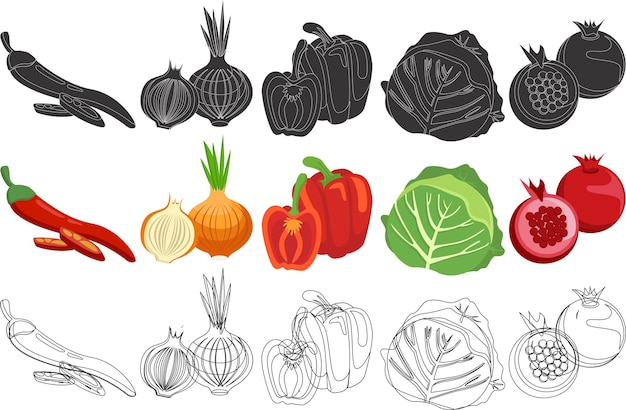 Набор овощей, включая красный перец, красный перец, сладкий перец и черно-белый рисунок черно-белых овощей.