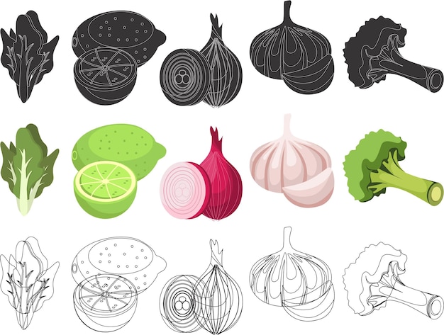 A set of vegetables and one of them has a black outline.