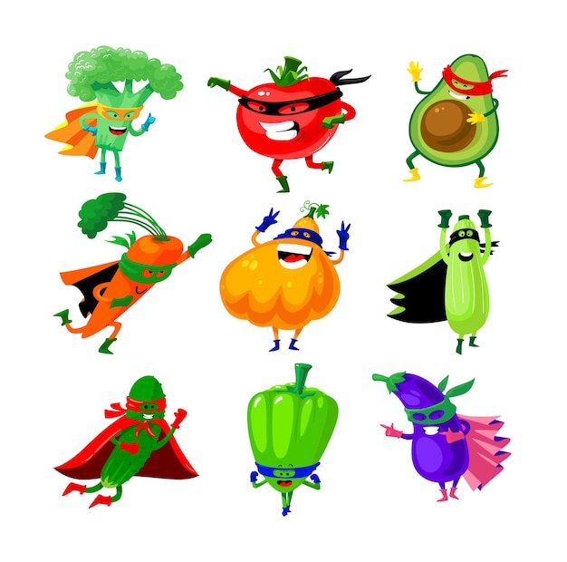 Set of Vegetables in Super Hero Costume.