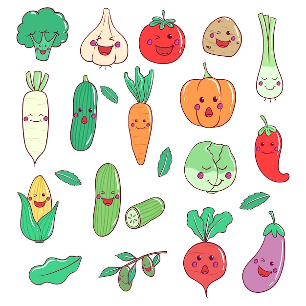 Vector set of vegetables with kawaii face and doodle art