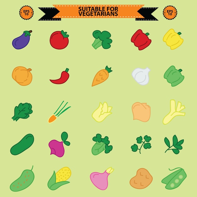 Set di icone alimentari vegetariane, icone amichevoli, badge, francobolli e emblemi