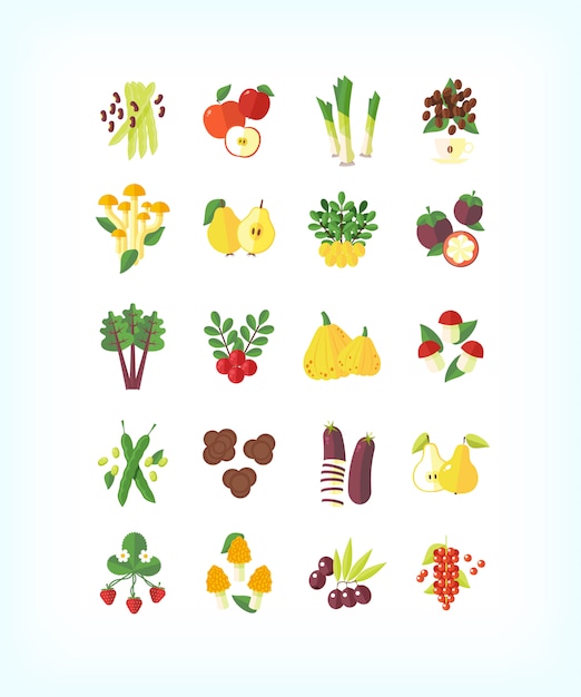 Набор вегетарианских органических продуктов. набор иконок фруктов и овощей.