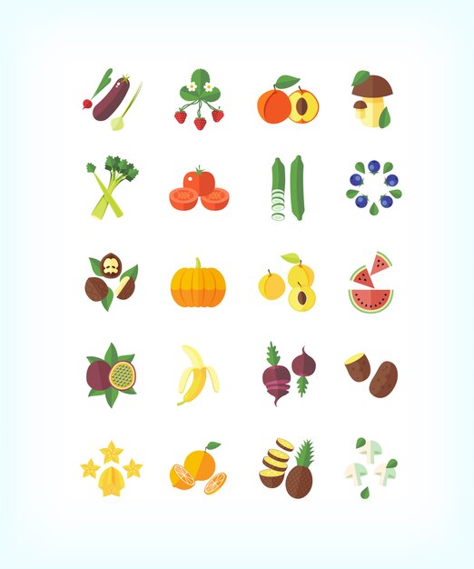 Set of  vegetarian organic food.  fruit and vegetables icon set.