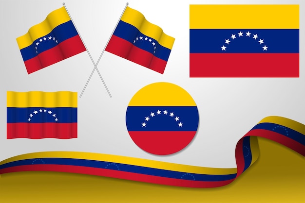 さまざまなデザインのベネズエラの旗のセットアイコン背景とリボンの剥ぎの旗