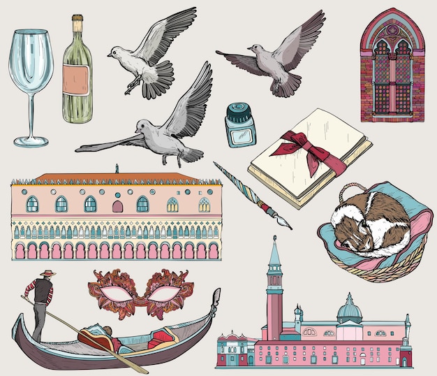 Vector set of venice colored sketch