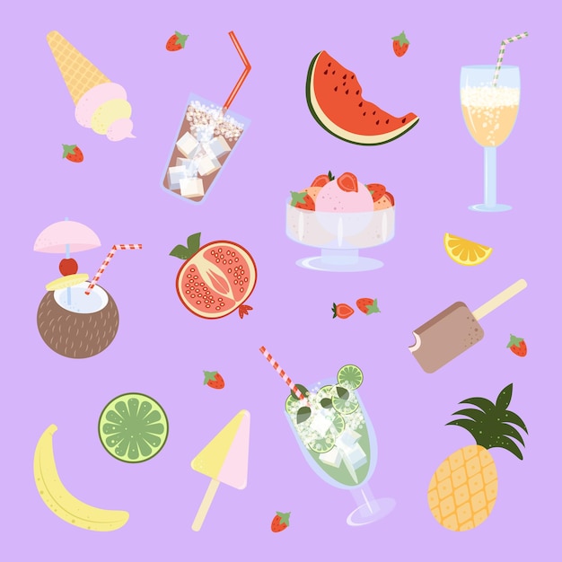 Set verfrissende dranken fruit en ijs Vector illustratie platte stijl