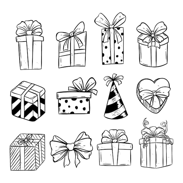 Vector set verjaardag of kerst cadeau doos met doodle stijl
