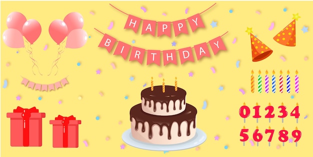 Set verjaardagsartikelen Ballonnen feestmuts vlaggen cake aantal kaarsen geschenken