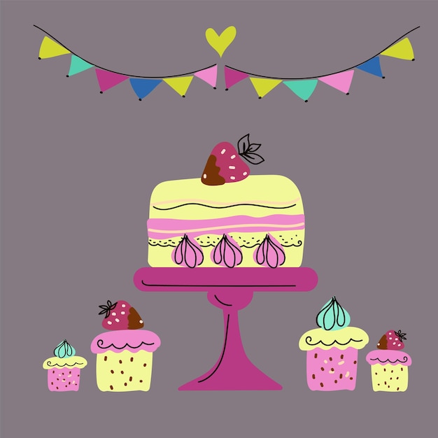 Set verjaardagstaart en dessert in cake stands cartoon doodle handgetekende stijl vector kunst