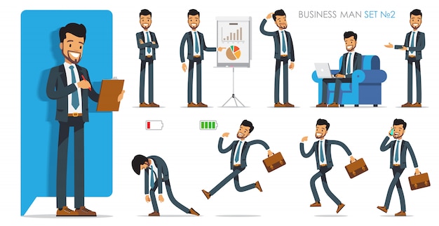 Установить версию персонажа бизнесмена с разных позах и действиях. иллюстрация плоский дизайн изолированные