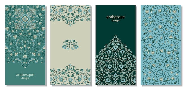 Set of vertical arabesque floral banners branches with flowers leaves and petals