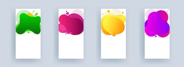 Set di banner verticale o volantino con spazio per il tuo messaggio su astratto di arte fluida di colore diverso in quattro opzioni.