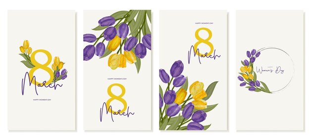 Set of vertical banners stories for Women's Day with yellow purple tulips for social media Vector