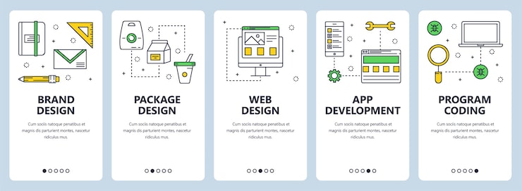 Vector 具有品牌,包裝設計,網頁設計,應用程式開發,程式編碼概念網站模板的垂直旗套件. 現代薄線平坦風格設計.