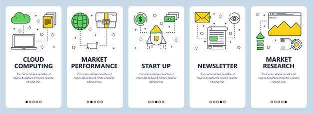  set of vertical banners with Cloud computing, Market performance, Start up, Newsletter, Market research concept website templates. Modern thin line flat style .