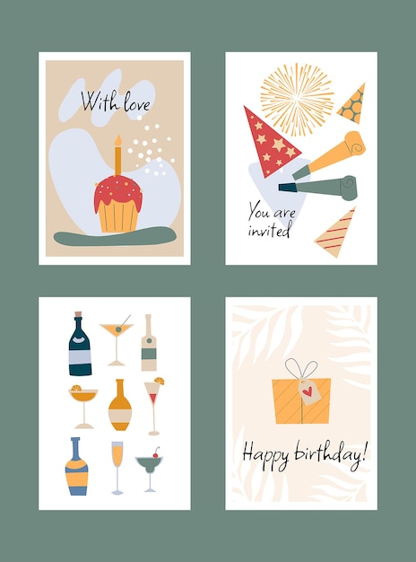 Vector a set of vertical birthday cards. inscriptions, greetings, balloons, drinks, cake, cupcakes gifts