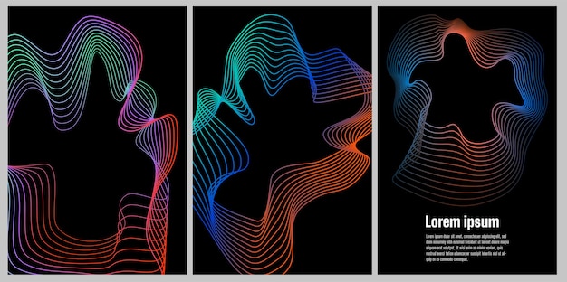 A set of vertical black backgrounds with trendy gradient flowing shapes. Templates for web, cover design.