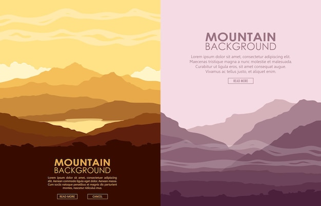 Set di volantini verticali con paesaggi di montagna. catene montuose gialle e viola al tramonto. illustrazione vettoriale.