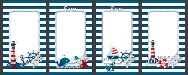 Vector a set of vertical frames marine theme in cartoon style