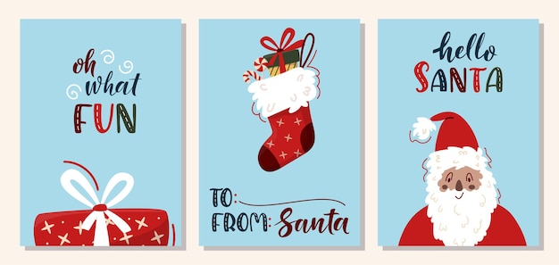 Set of vertical Merry Christmas Cards with Santa Claus, Ð¥mas sock, Gift Box and handwritten lettering.