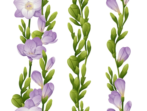 보라색 프리지아 꽃과 녹색 봉오리가 있는 수직 매끄러운 테두리 세트 보라색 꽃이 있는 꽃 장식 결혼식 디자인 벽지 광고를 위한 식물 꽃 그림