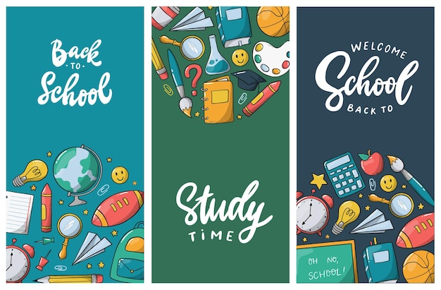 Set verticale schoolbanners versierd met doodles en belettering aanhalingstekens