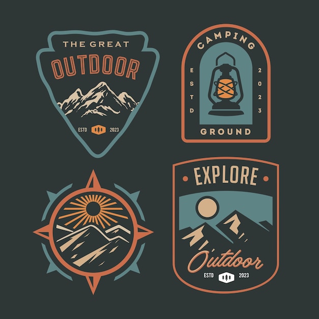 Set verzameling vintage avontuur badge camping embleem logo met berg illustratie ontwerp