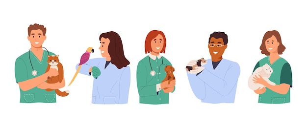 Vector set of veterinary doctors holding pets. female and male veterinarians with dog, cat, parrot, guinea