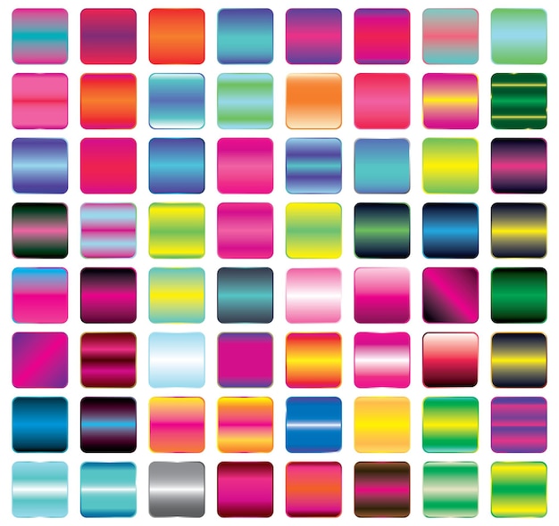 귀하의 디자인에 대 한 활기찬 그라데이션 버튼 아이콘의 집합입니다. 벡터 일러스트 레이 션. 금속 및 네온 효과가 있는 버튼. 빈 사각형.