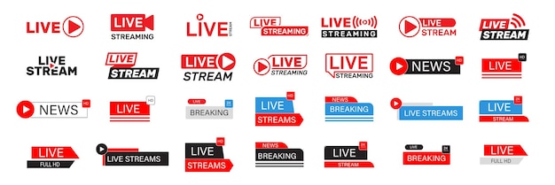 Set of video broadcasting and live streaming icon Set of live streaming icons Button red symbols for TV news movies shows Vector illustration