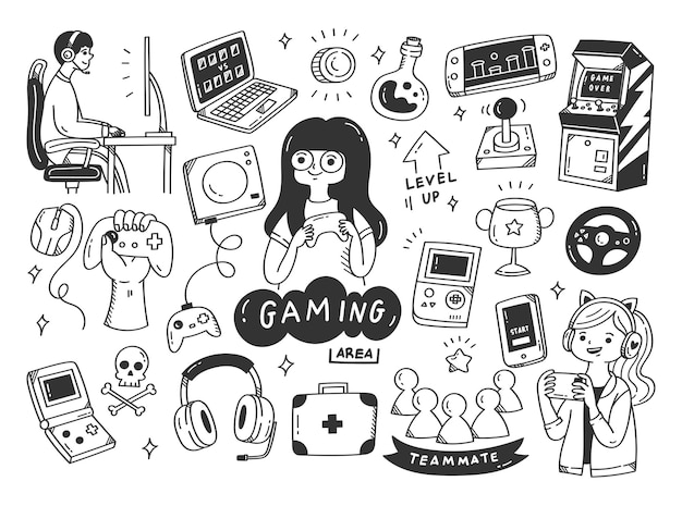 Set of video game doodle illustration