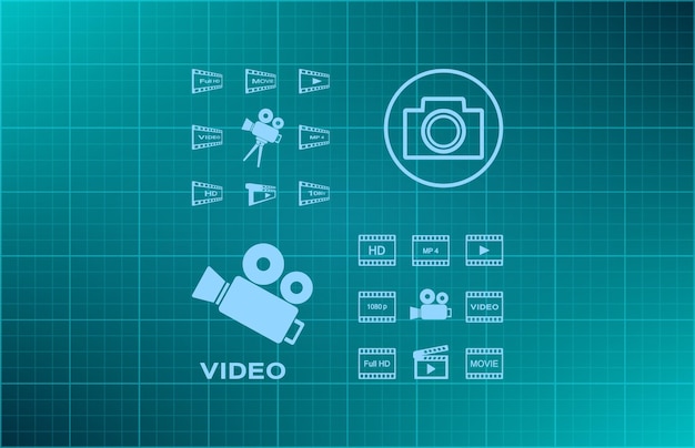 Set of video icons movie symbol Vector illustration on blue background Eps 10