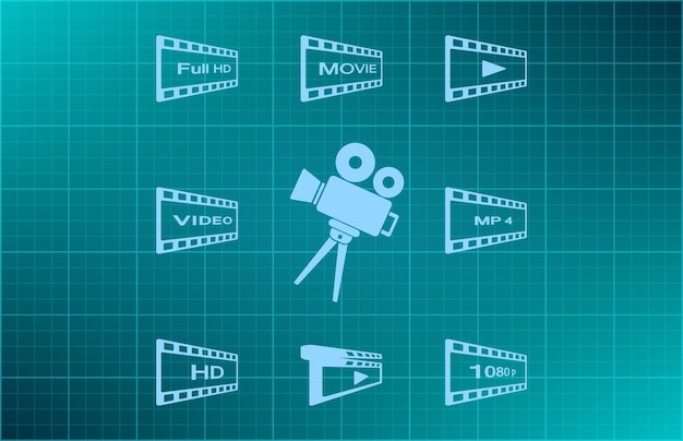 Набор видеоикон символа фильма Векторная иллюстрация на синем фоне Eps 10