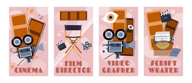 A set of video production web banners for applications Production of films and TV programs The idea of creative people and professions Video production Director and screenwriter Videographer