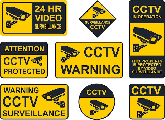 Set of video surveillance signs labels