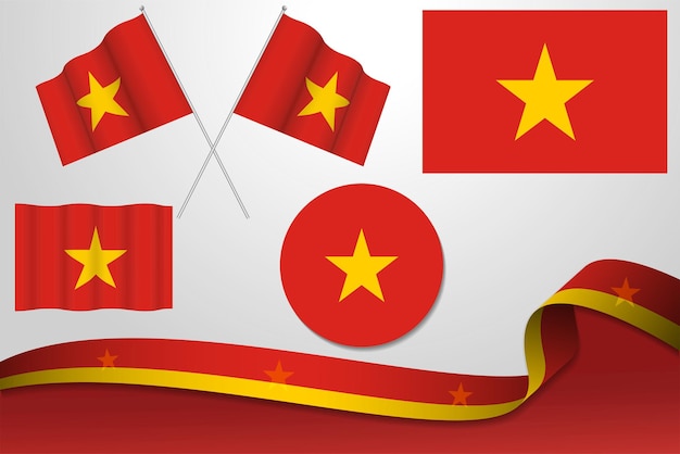 Set Of Vietnam Flags In Different Designs Icon Flaying Flags With ribbon With Background