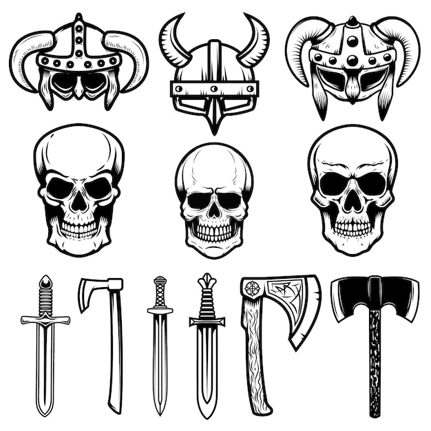 Set viking helmen, wapen, schedels. elementen voor logo, label, embleem, teken. illustratie