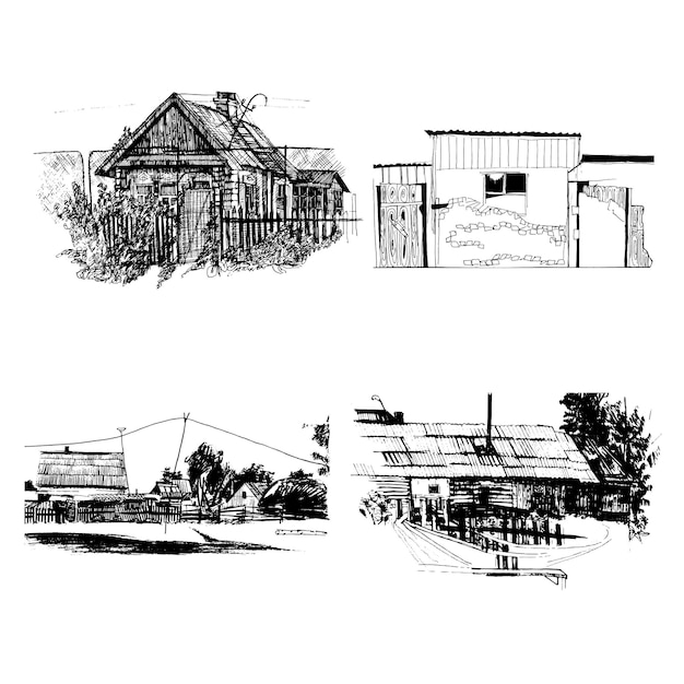 Vector a set of village views drawn by hand