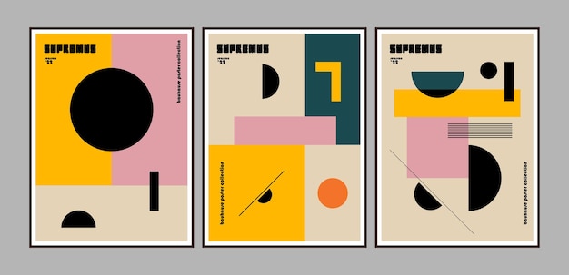 Set of vintage abstract geometric supremus styled posters or cards for wall art decoration or covers. Vector illustration