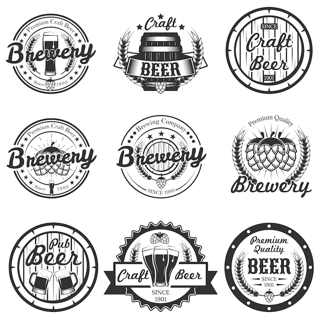 set vintage ambachtelijk bier, brouwerijlogo's, emblemen, badges, geïsoleerde etiketten