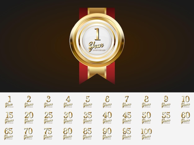 Vector set of vintage anniversary badges celebration anniversary golden luxury number