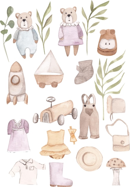 Vector set of vintage baby clothes and toys branches