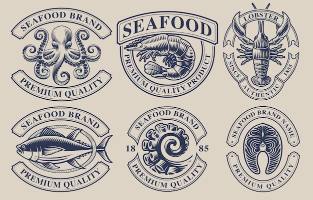 Set di distintivi vintage per tema frutti di mare.perfetto per loghi, emblemi, etichette e molti altri usi. il testo è nel gruppo separato.