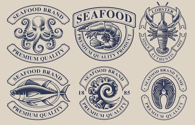 Set vintage badges voor zeevruchten thema. perfect voor logo's, emblemen, etiketten en vele andere toepassingen. tekst staat op de aparte groep.