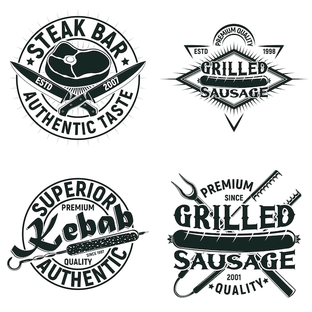 Set di disegni logo ristorante barbecue vintage grange stampa francobolli creativi grill bar tipografia emblemi vettoriale