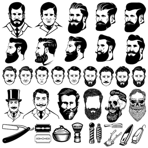 Vector set of vintage barber monochrome icons, men hairstyles and design elements isolated on white background. for logo, label, emblem, sign.