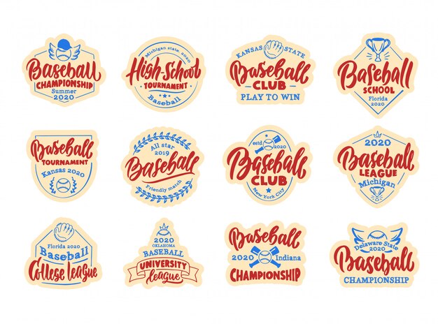 Set di adesivi vintage per baseball, patch. baseball club, scuola, badge campionato, modelli