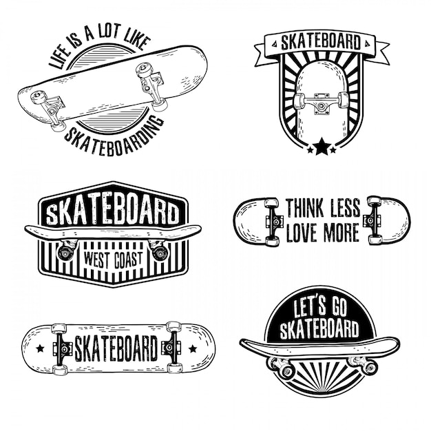 Vettore set di loghi vintage in bianco e nero, badge, badge, etichette, adesivi con skateboard